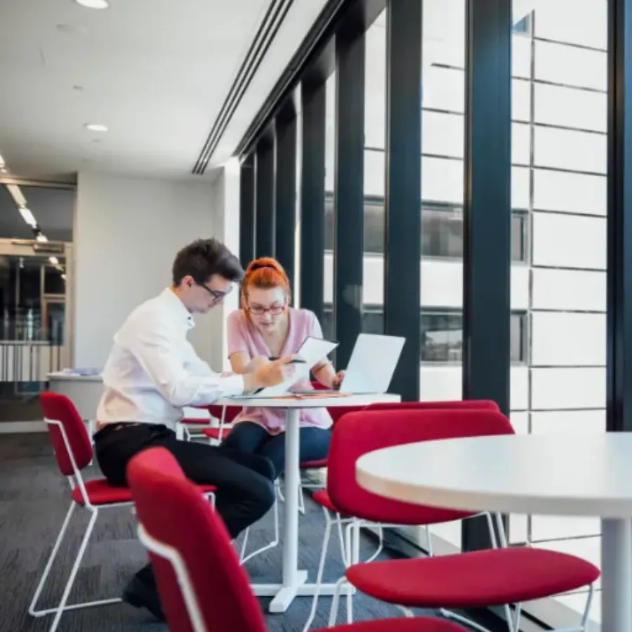 Two office workers collaborating at a desk by the window